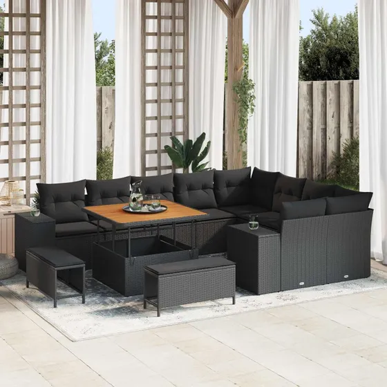 vidaXL Havesofa Sæt 12 stk Sort Polyrattan, Stål & Akacietræ