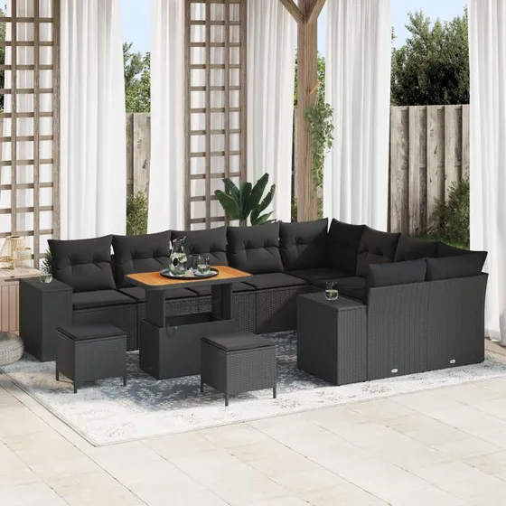 vidaXL Havesofa Sæt 12 stk Sort Polyrattan, Stål og Akacietræ