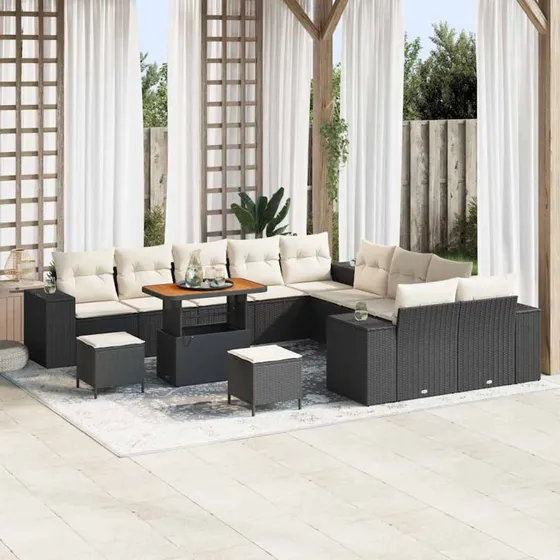 vidaXL Havesofa Sæt 13 pcs Sort og Cream Poly Rattan