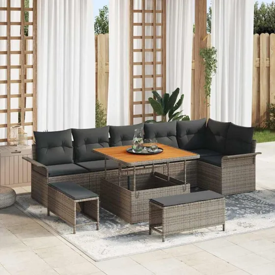 vidaXL Havesofa Sæt 9 stk Grå Poly Rattan, Stål og Akacietræ