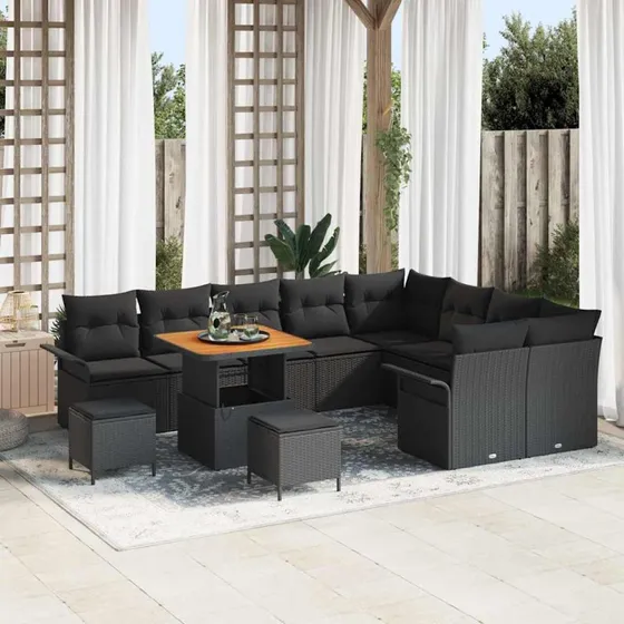 vidaXL Havesofa Sæt 12 stk Sort Polyrattan, Stål og Akacietræ