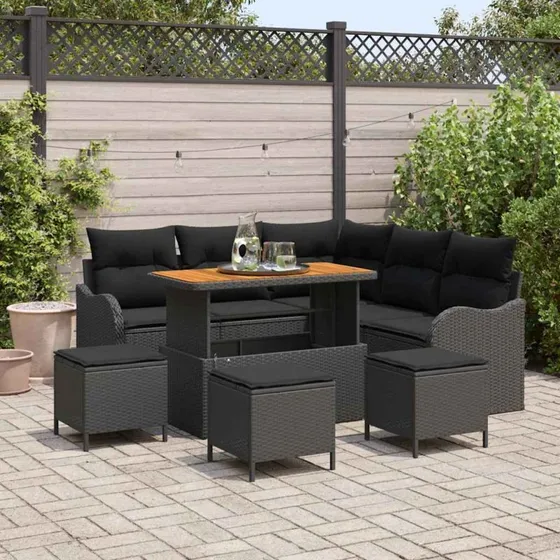 vidaXL Havesofa Sæt 9 pc Sort Polyrattan, Stål og Akacietræ