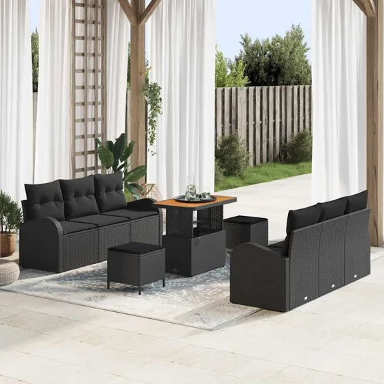 vidaXL Havesofa Sæt 9 stk Sort Poly Rattan, Stål og Akacietræ