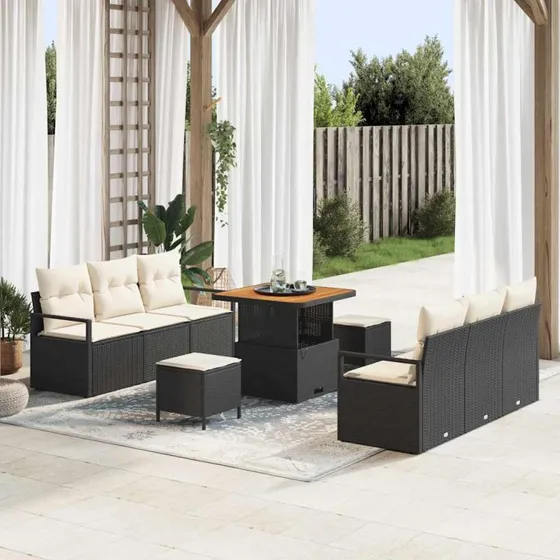 vidaXL Havesofa Sæt 9 pcs Sort Poly rattan med opbevaring