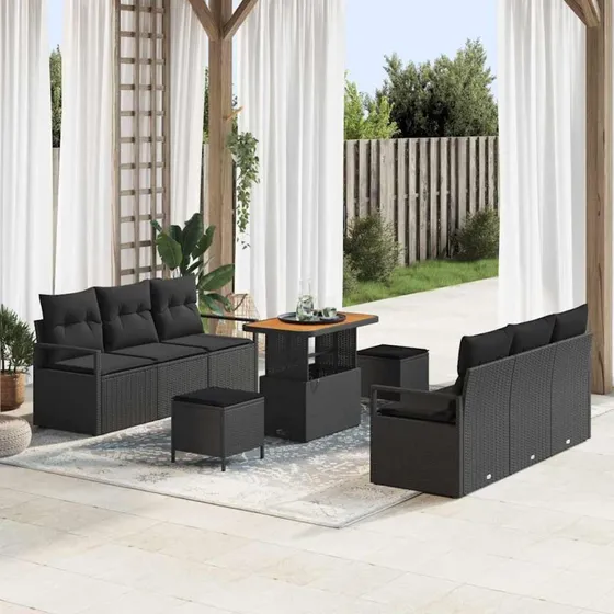 vidaXL Havesofa Sæt 9 pc Sort Poly Rattan med Opbevaring
