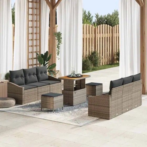 vidaXL Havesofa Sæt 9 stk Grå Poly Rattan, Stål & Akacietræ