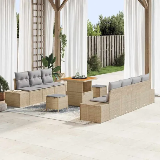 vidaXL Havesofa Sæt 10 pc Beige Poly rattan med opbevaring