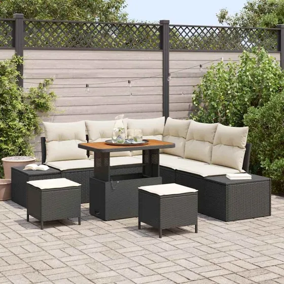 vidaXL Havesofa Sæt 8-pces Sort Poly Rattan med Opbevaring