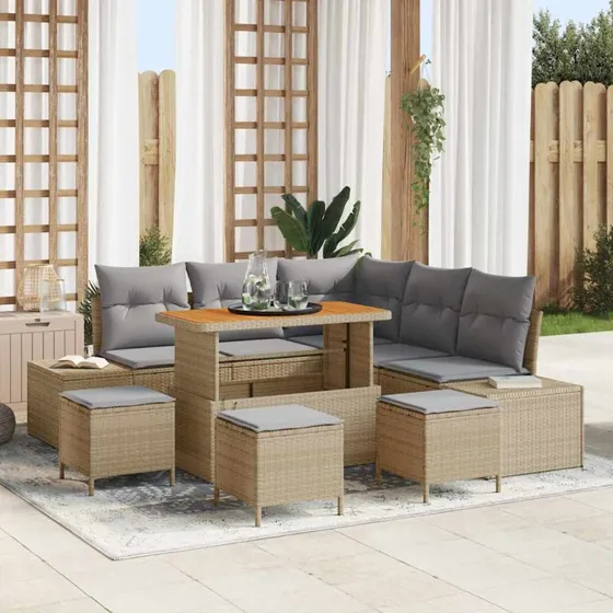 vidaXL Havesofa Sæt 9 pc Beige Poly Rattan med Opbevaring