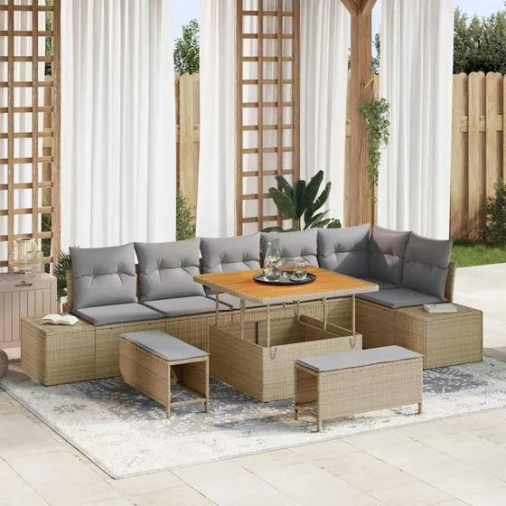 vidaXL Havesofa Sæt 9 stk Beige Poly rattan med opbevaring