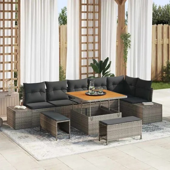 vidaXL Havesofa Sæt 9 stk Grå Poly Rattan med Opbevaring