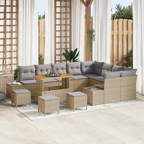 vidaXL Havesofa Sæt 13 stk Beige Poly Rattan med Opbevaring