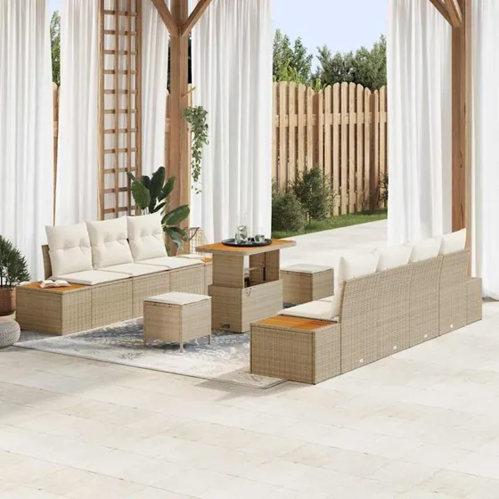 vidaXL Havesofa Sæt 10 pc Beige Poly Rattan med Opbevaring