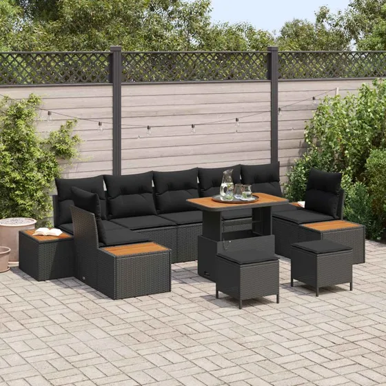 vidaXL Havesofa Sæt 10 pc Sort Poly rattan med opbevaring