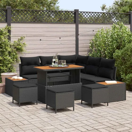 vidaXL Havesofa Sæt 9 del, Sort Poly Rattan med Opbevaring
