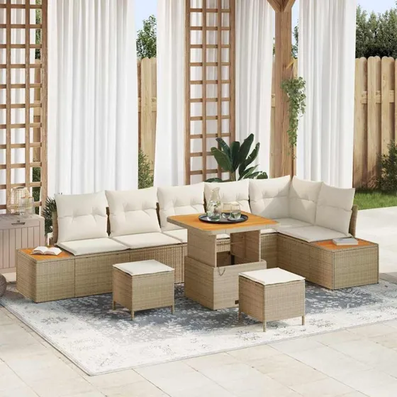 vidaXL Havesofa Sæt 9 stk Beige Poly rattan med opbevaring