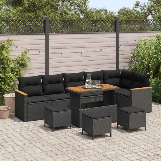 vidaXL Havesofa Sæt 10 pcs Sort Poly rattan med opbevaring