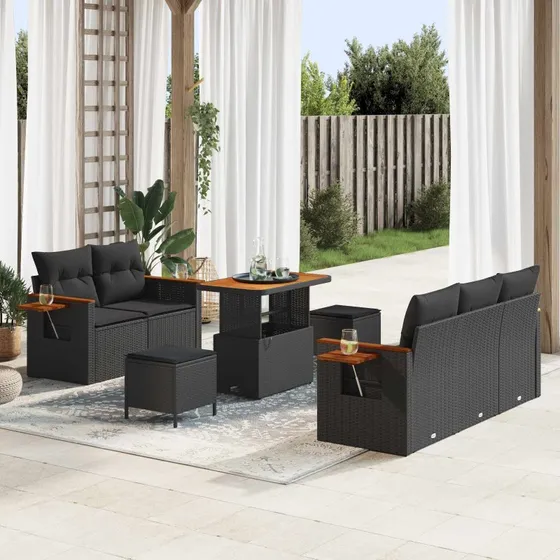 vidaXL Havesofa Sæt 10 pcs Sort Poly rattan med opbevaring
