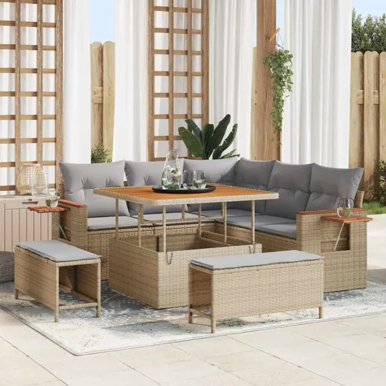 vidaXL Havesofa Sæt 9 pc Beige/Lys Grå Poly Rattan