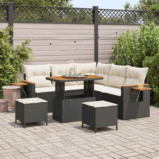 vidaXL Havesofa Sæt 9 pcs Sort & Cream Poly rattan med opbevaring