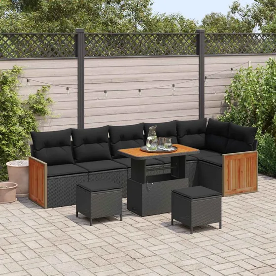vidaXL Havesofa Sæt 11 pc Sort PolyRattan med Akacietræ Bord