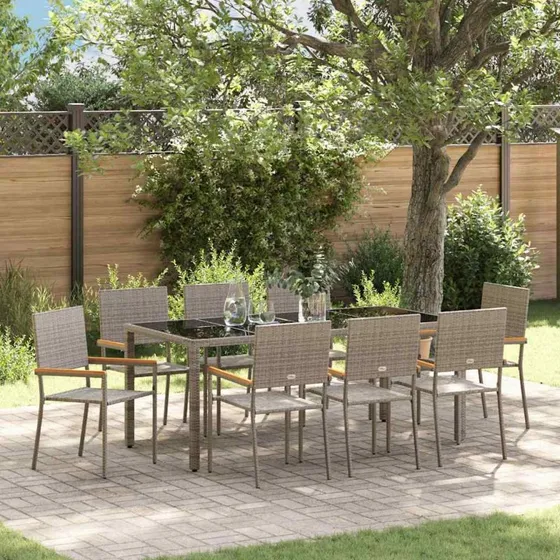 vidaXL Have Spisebordssæt 9 pc Grå PolyRattan 190x90x75 cm