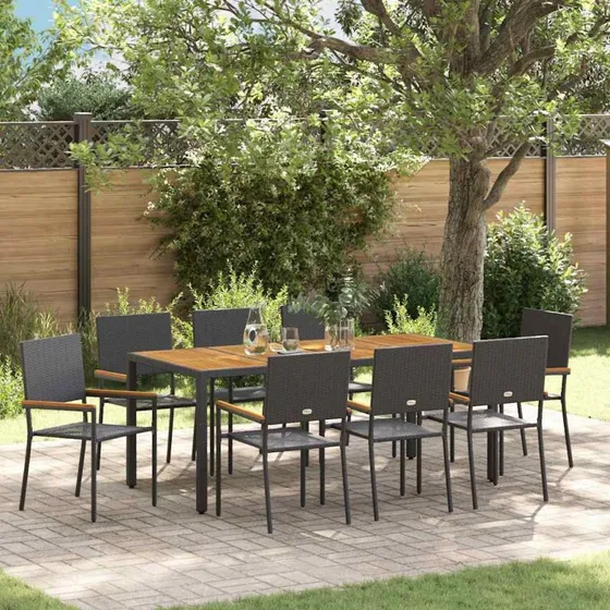 vidaXL Have Spisebordssæt 9 pcs Sort PolyRattan 190x90x75 cm