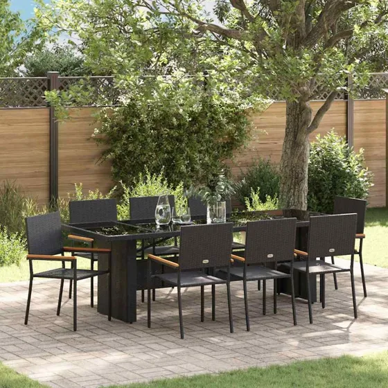 vidaXL Have Spisebordssæt 9 stk Sort Poly Rattan