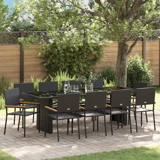 vidaXL Have Spisebordssæt 11 pcs Sort Poly Rattan