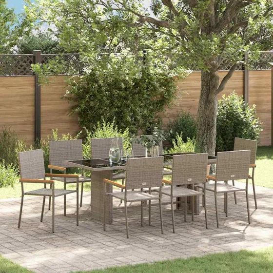 vidaXL Have Spisebordssæt 9 stk Grå 190x80x75 cm PolyRattan