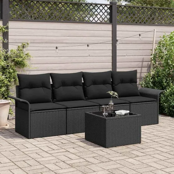 vidaXL Havesofa Sæt 5-pcs Sort Polyrattan med Opbevaring