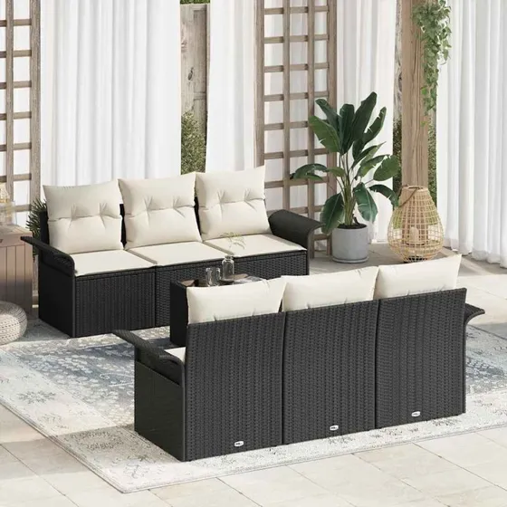 vidaXL Havesofa Sæt 7 pc Sort/Cream Poly Rattan