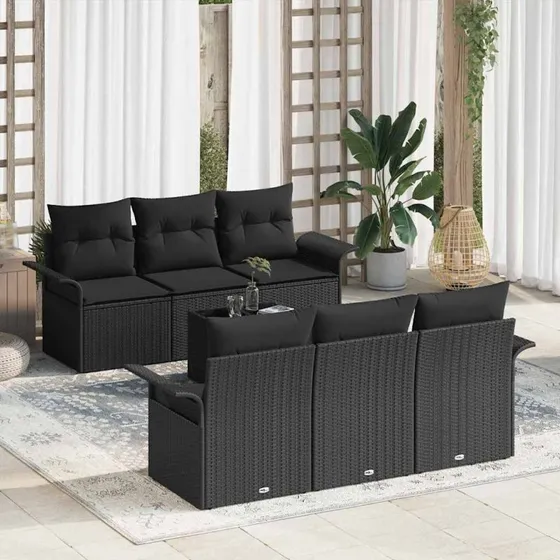 vidaXL Havesofa Sæt 7 pc Sort polyrattan med opbevaring