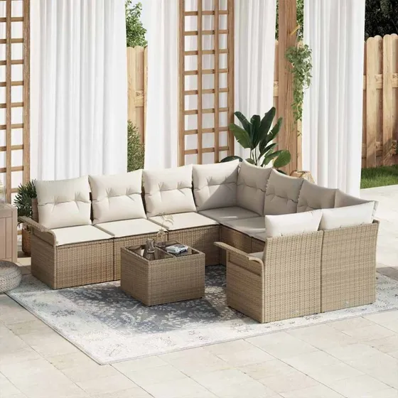 vidaXL Havesofa Sæt 9 pc Beige/Creme Polyrattan med Stål og Glas
