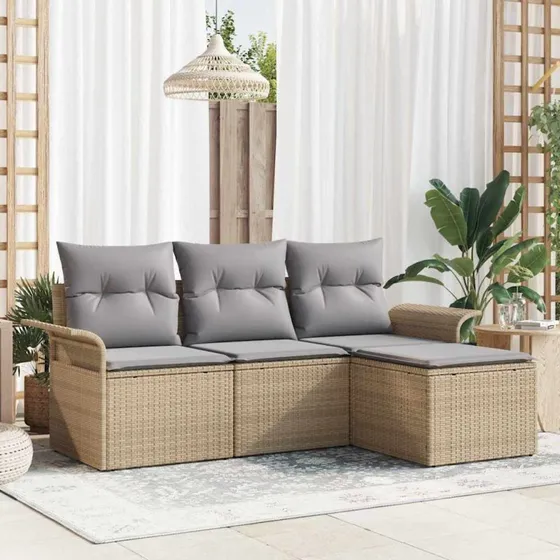 vidaXL Havesofa Sæt 4 del, Beige Poly Rattan med Opbevaring