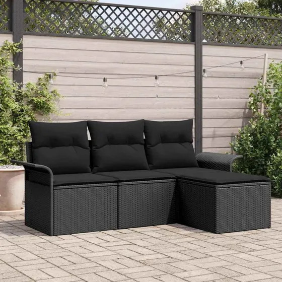 vidaXL Havesofa Sæt 4-del, Sort Poly Rattan med Opbevaring