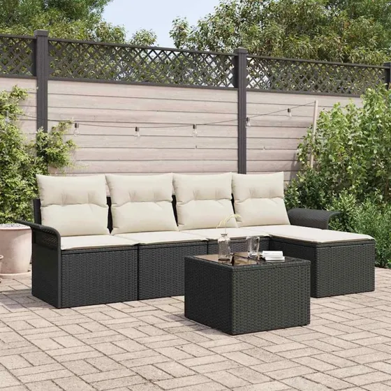 vidaXL Havesofa Sæt 6-del, Sort Poly rattan med Opbevaring