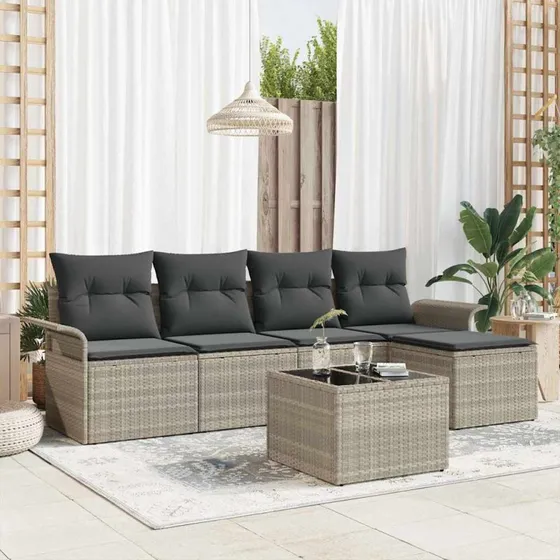 vidaXL Havesofa Sæt 6-del, Lysegrå, Poly Rattan med Opbevaring