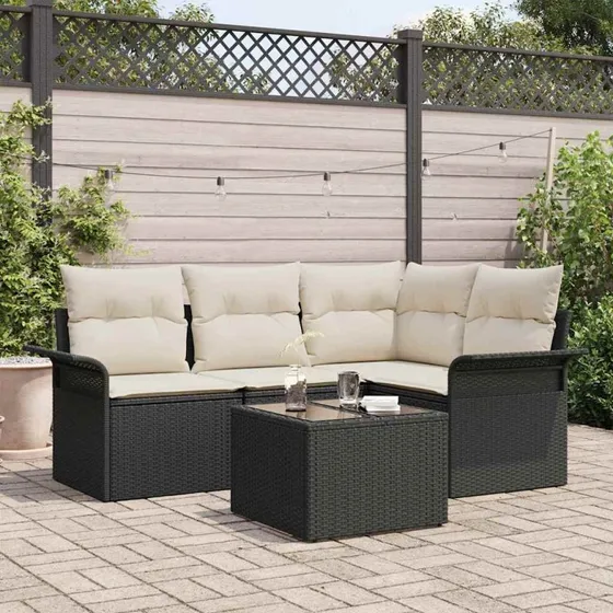 vidaXL Havesofa Sæt 5-pcs Sort Poly rattan med opbevaring