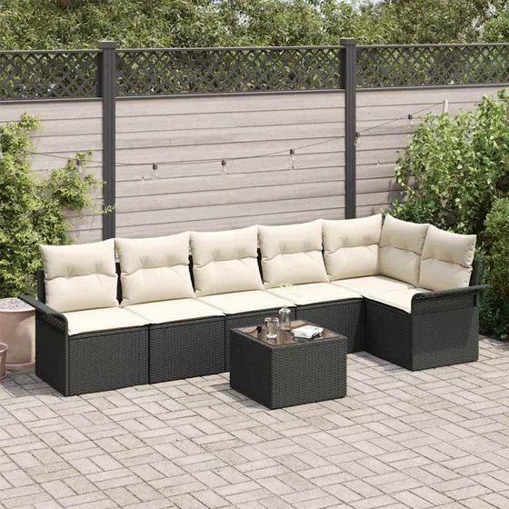 vidaXL Havesofa Sæt 7 stk Sort Poly rattan med opbevaring