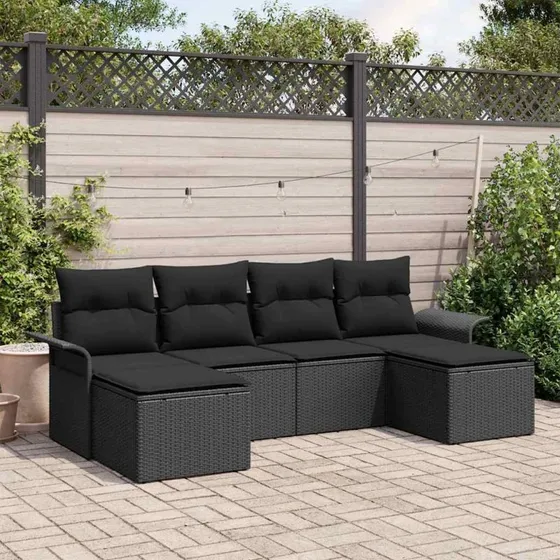vidaXL Havesofa Sæt 6 stk med opbevaring, Sort polyrattan