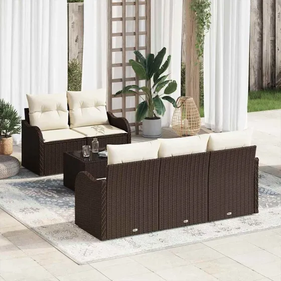 vidaXL Havesofa Sæt 6 stk Brun/Creme Polyrattan, Stål & Glas