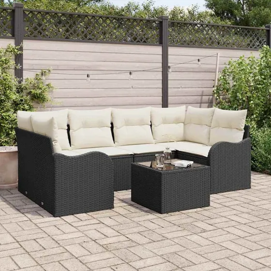 vidaXL Havesofa Sæt 7 pc Sort/Cream Poly Rattan & Stål