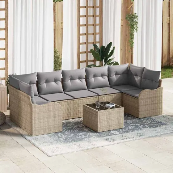 vidaXL Havesofa Sæt 8 stk Beige og Grå Poly Rattan, Stål & Glas