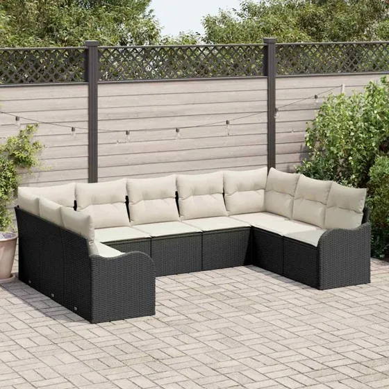 vidaXL Havesofa Sæt 9 pc Sort/hvid Poly rattan med opbevaring