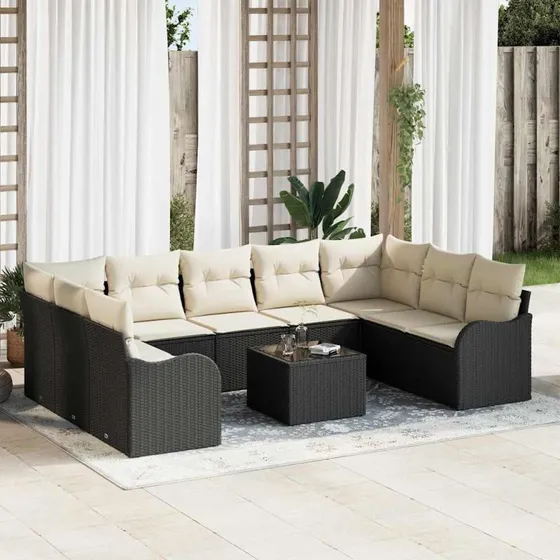 vidaXL Havesofa Sæt 10 pcs Sort/hvid Poly rattan
