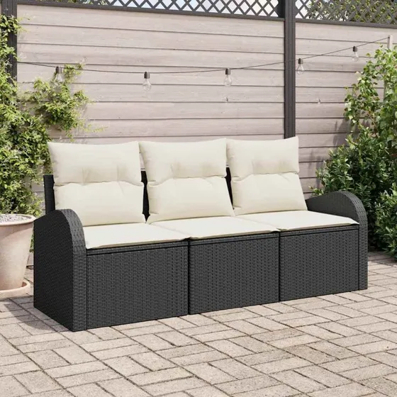 vidaXL Havesofa Sæt 3 pcs Sort/hvid Poly rattan med opbevaring