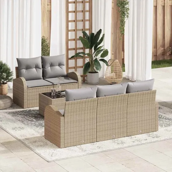 vidaXL Havesofa Sæt 6 del 6 pcs Beige og Grå Poly Rattan med Opbevaring