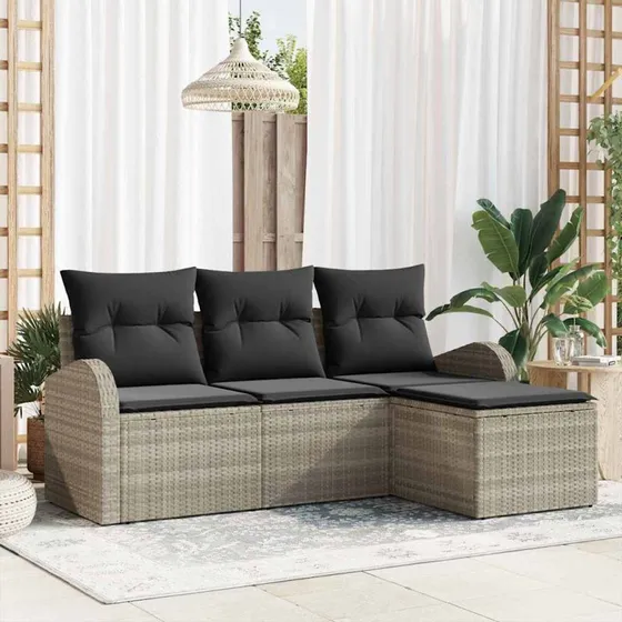 vidaXL Sofa Sæt 4-pcs Lysegrå Poly Rattan med Opbevaring