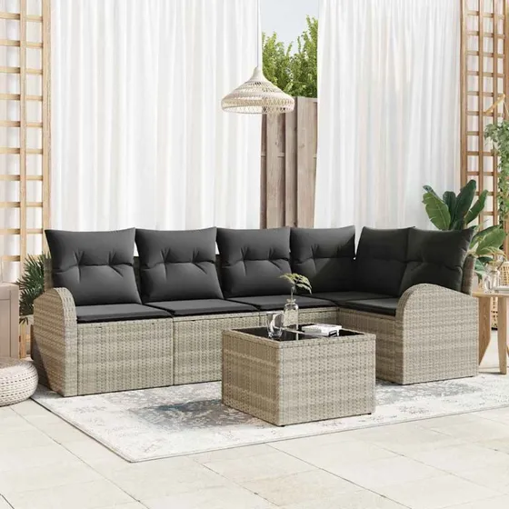 vidaXL Havesofa Sæt 6 stk Lysegrå Poly rattan med opbevaring